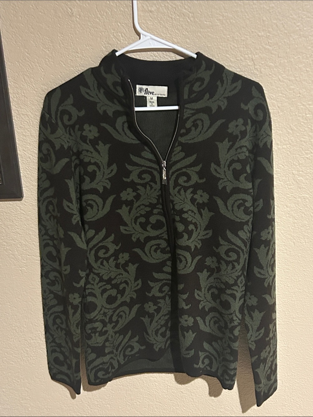 Neve Designs Wool Zip Jacket Womens M Green Black Damask Lightweight Cardigan